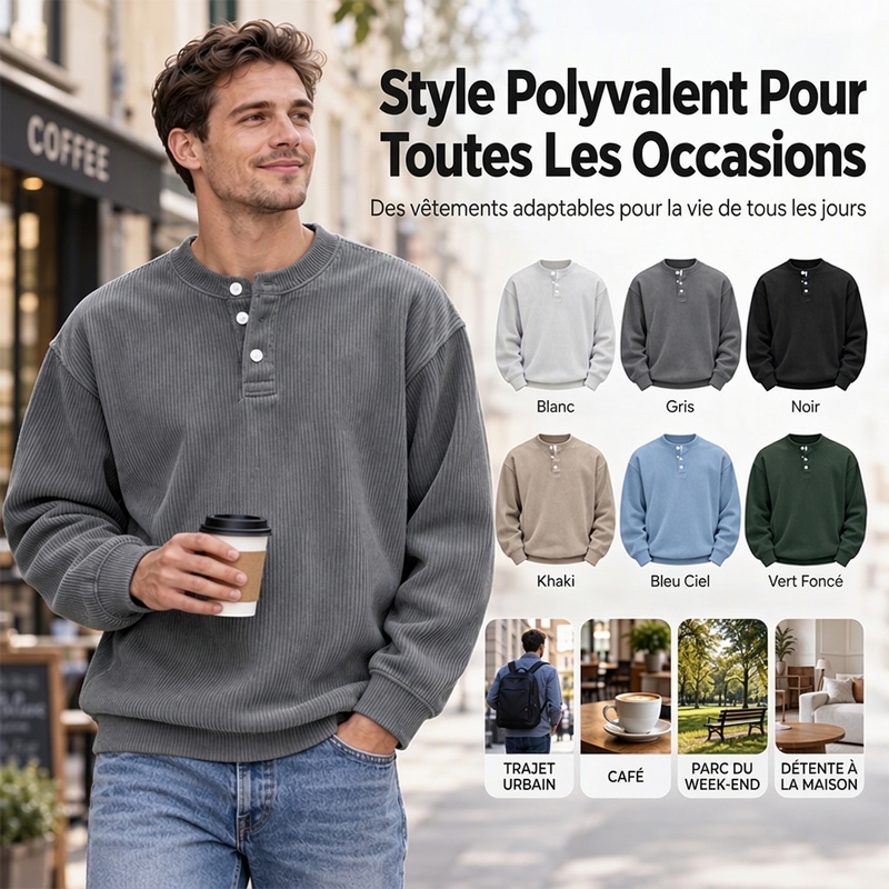 Haut Henley décontracté à manches longues en velours côtelé pour homme