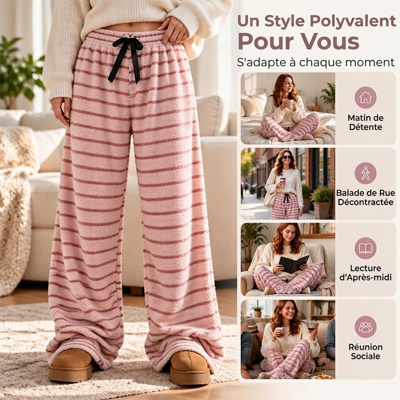 Pantalon large rayé en peluche réversible pour dames