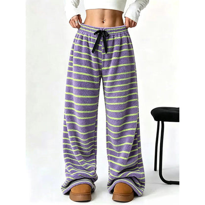 Pantalon large rayé en peluche réversible pour dames