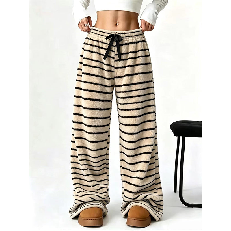 Pantalon large rayé en peluche réversible pour dames