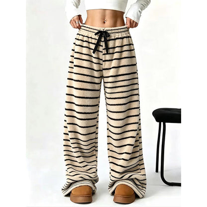 Pantalon large rayé en peluche réversible pour dames