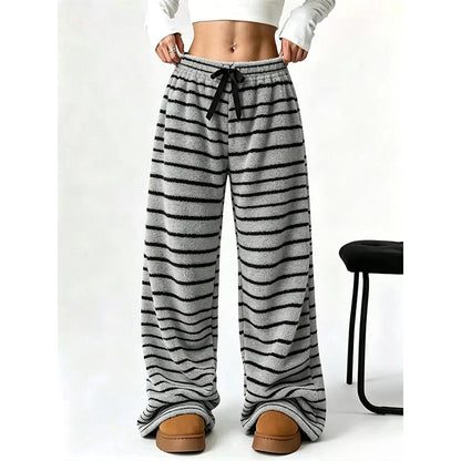 Pantalon large rayé en peluche réversible pour dames