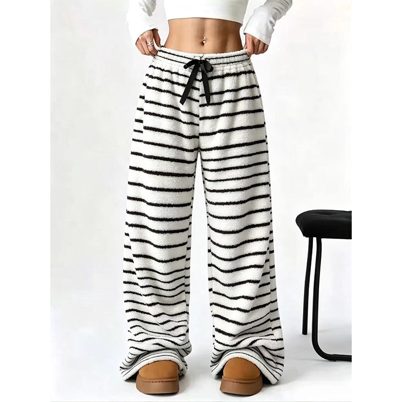 Pantalon large rayé en peluche réversible pour dames