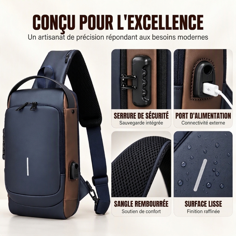 Sac bandoulière anti-vol avec port de charge USB pour hommes