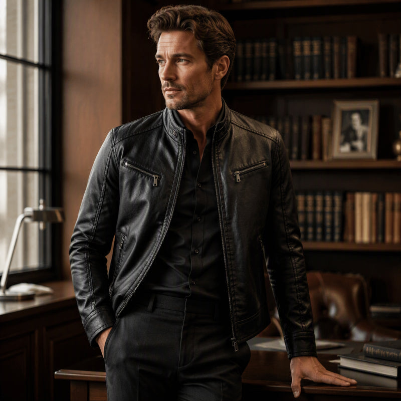 Veste en cuir PU à col montant stylée pour homme