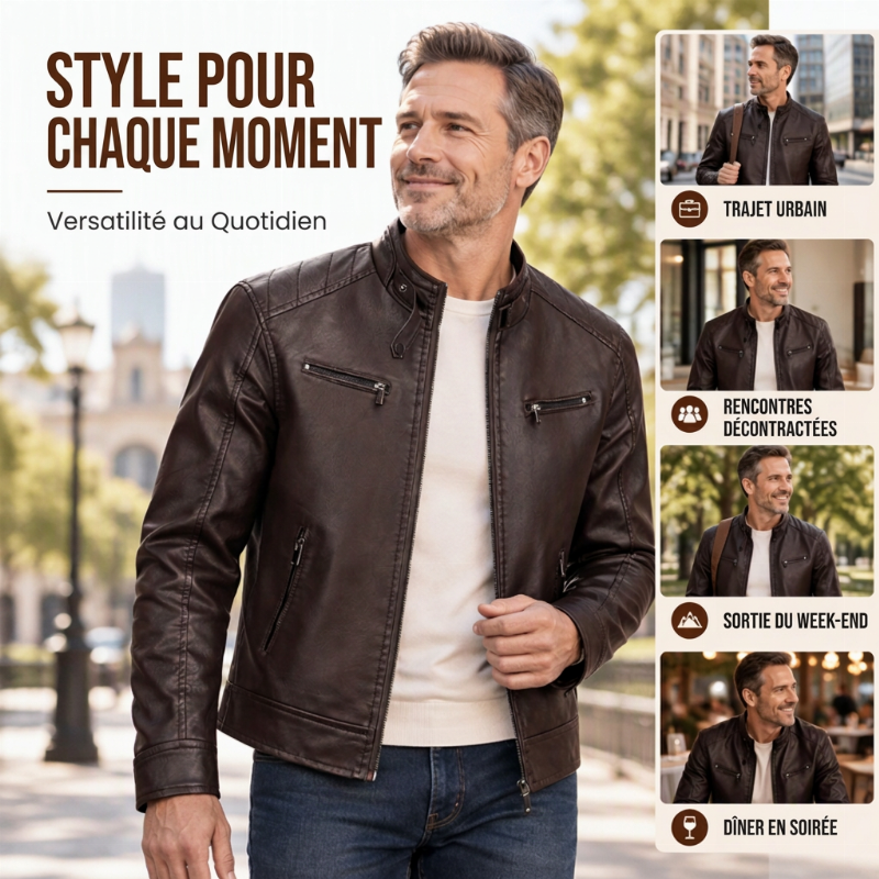 Veste en cuir PU à col montant stylée pour homme