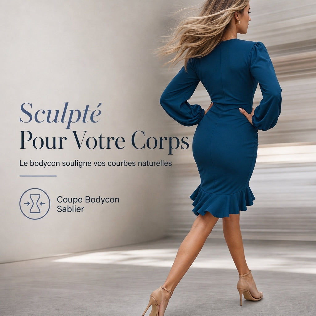 Roche bodycon à manches bouffantes unies pour femmes