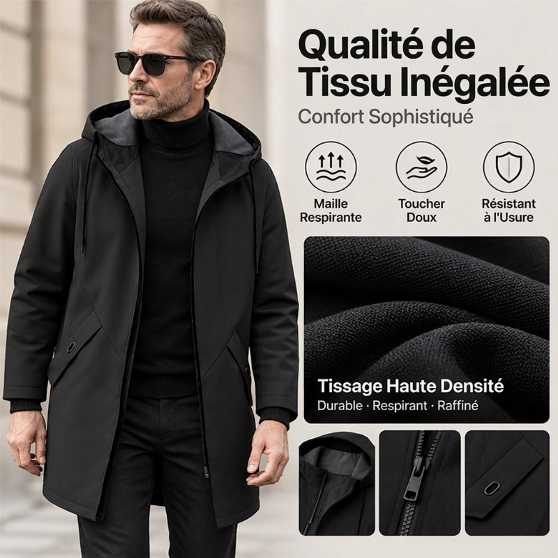 Trench-coat à capuche mi-long pour homme
