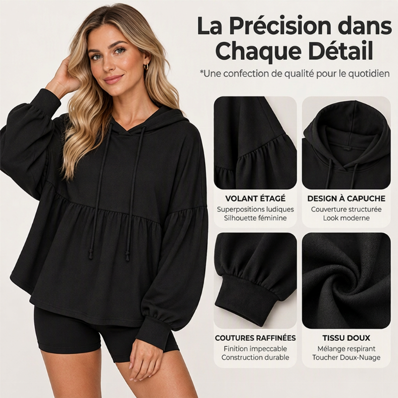 Sweat-shirt à capuche ample avec ourlet volanté pour femme