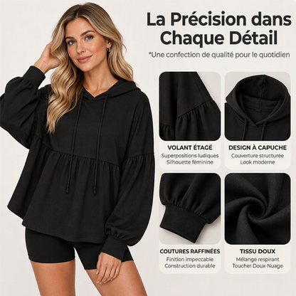 Sweat-shirt à capuche ample avec ourlet volanté pour femme