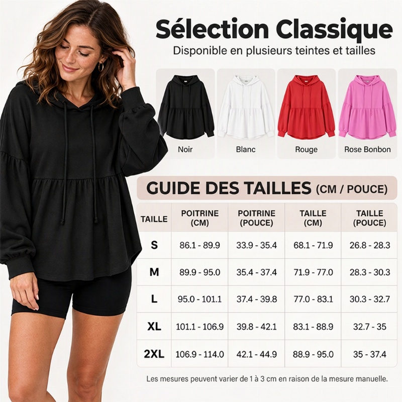Sweat-shirt à capuche ample avec ourlet volanté pour femme