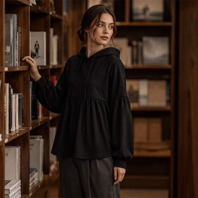 Sweat-shirt à capuche ample avec ourlet volanté pour femme