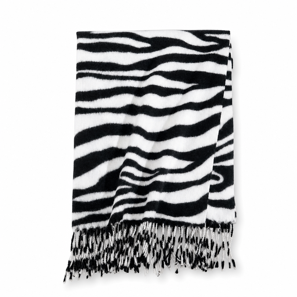 Foulard en fausse cachemire à imprimé zébré pour femmes, châle et écharpe d'hiver épais et chauds avec pompons