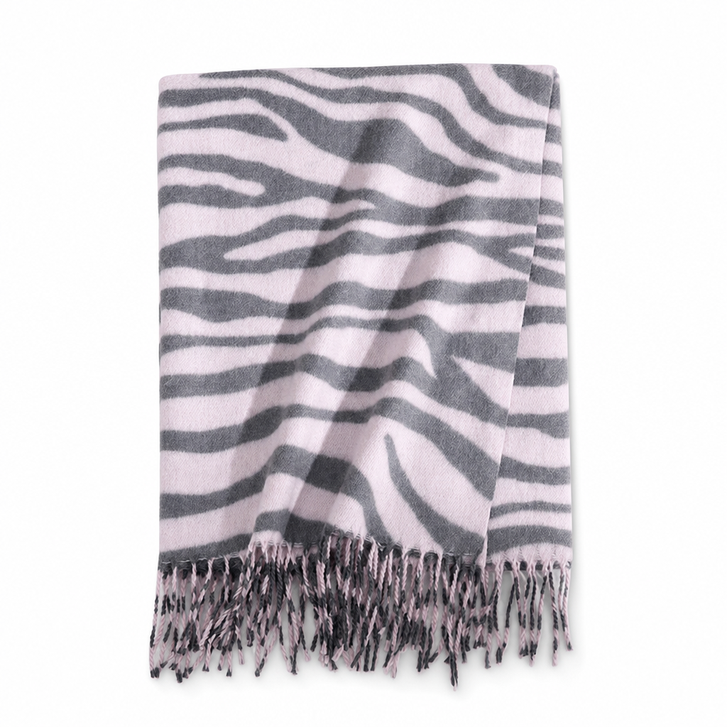 Foulard en fausse cachemire à imprimé zébré pour femmes, châle et écharpe d'hiver épais et chauds avec pompons