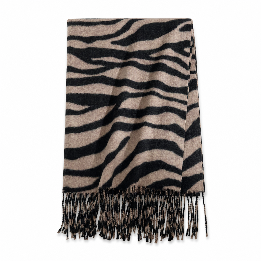 Foulard en fausse cachemire à imprimé zébré pour femmes, châle et écharpe d'hiver épais et chauds avec pompons