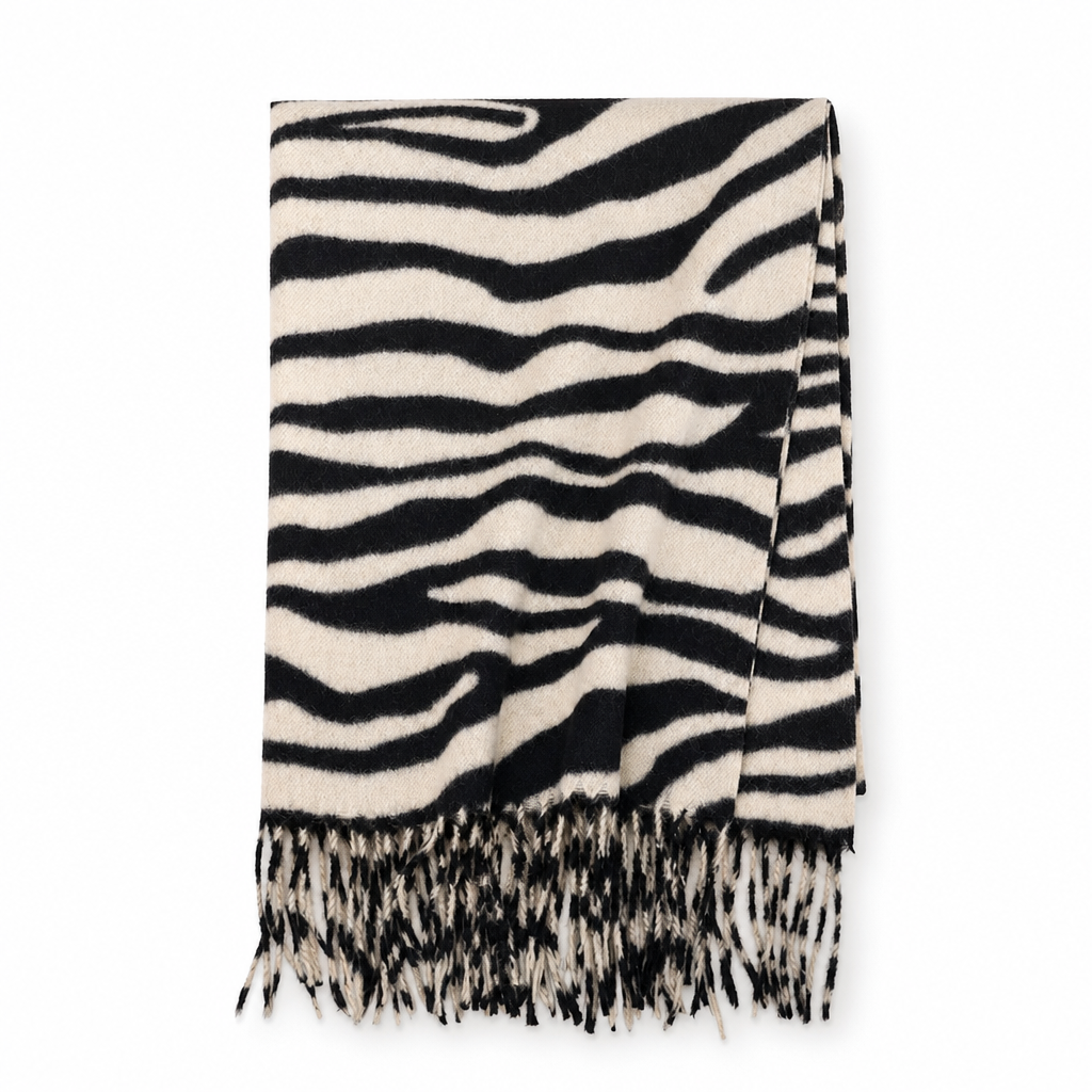 Foulard en fausse cachemire à imprimé zébré pour femmes, châle et écharpe d'hiver épais et chauds avec pompons