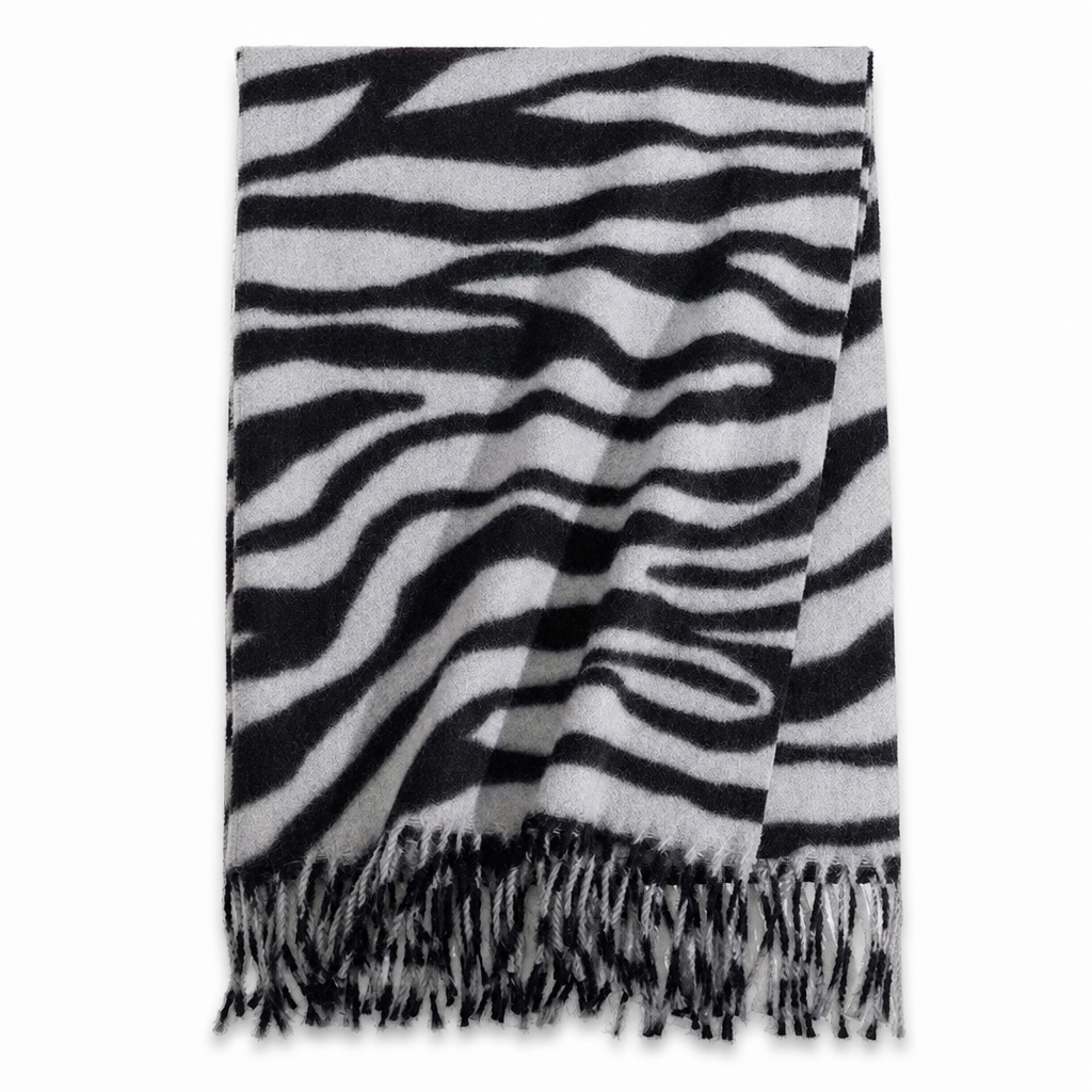 Foulard en fausse cachemire à imprimé zébré pour femmes, châle et écharpe d'hiver épais et chauds avec pompons