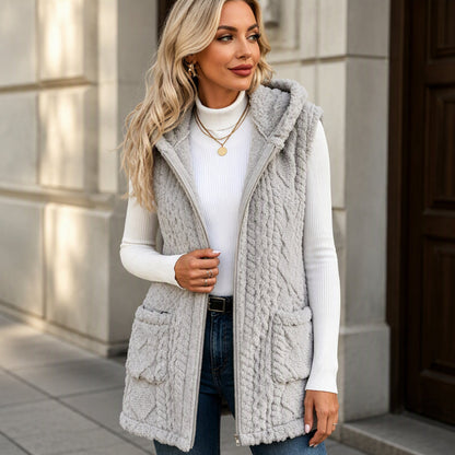Gilet à capuche double face pelucheux confortable pour femmes