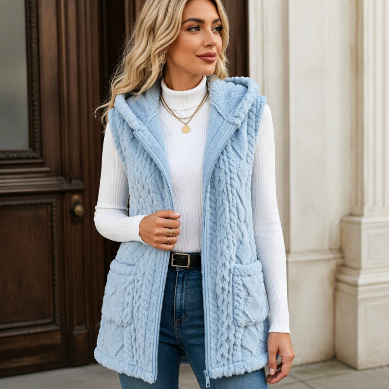 Gilet à capuche double face pelucheux confortable pour femmes