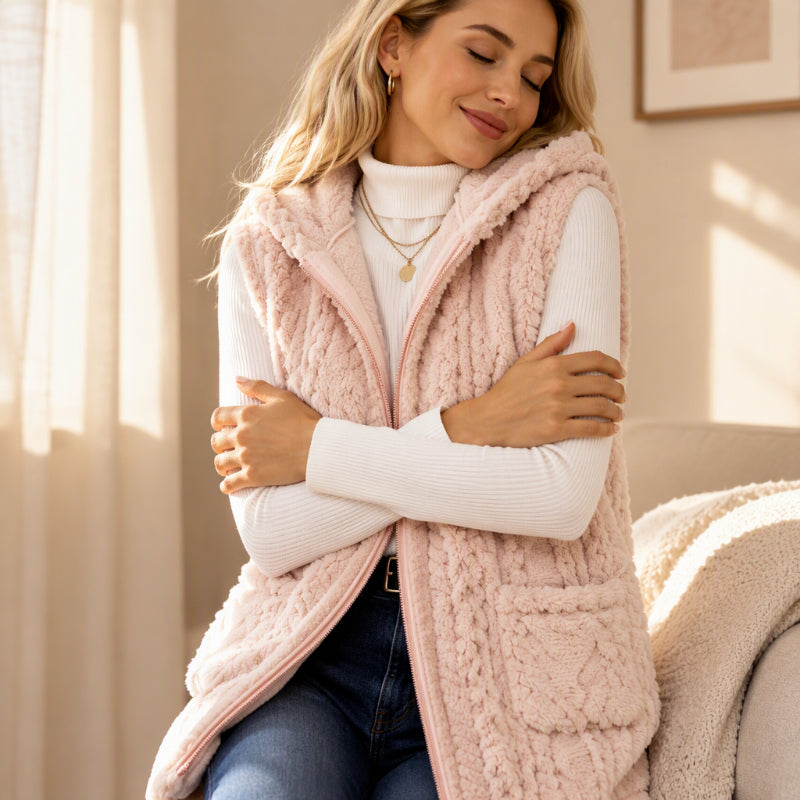 Gilet à capuche double face pelucheux confortable pour femmes