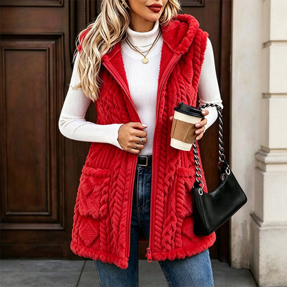 Gilet à capuche double face pelucheux confortable pour femmes