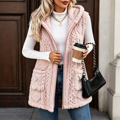 Gilet à capuche double face pelucheux confortable pour femmes