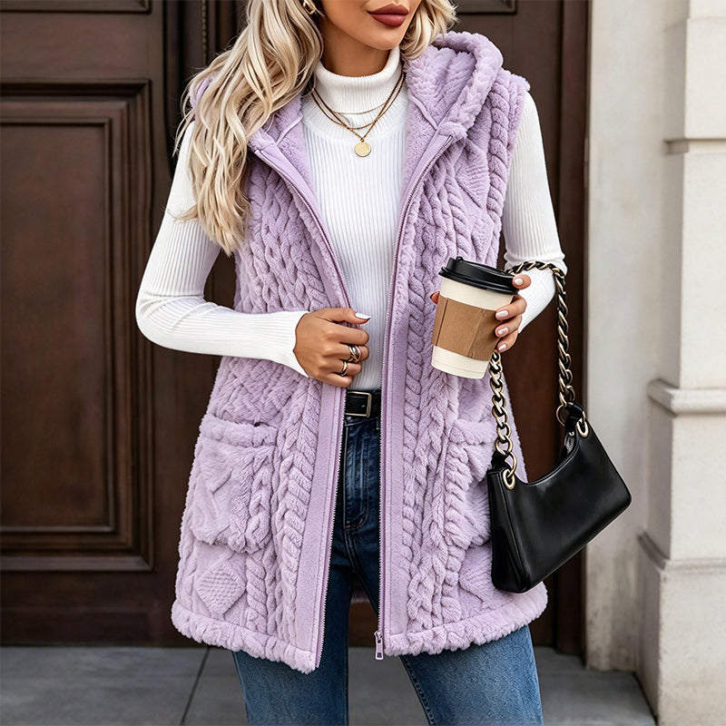 Gilet à capuche double face pelucheux confortable pour femmes