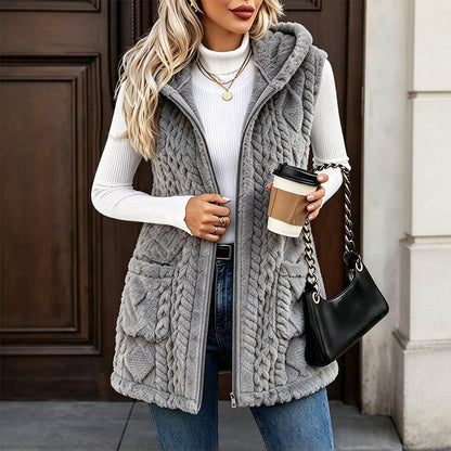 Gilet à capuche double face pelucheux confortable pour femmes