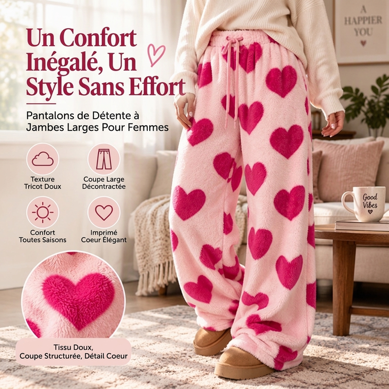 Pants larges en peluche pour femme avec imprimé cœur