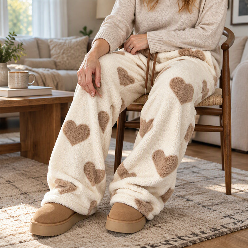 Pants larges en peluche pour femme avec imprimé cœur