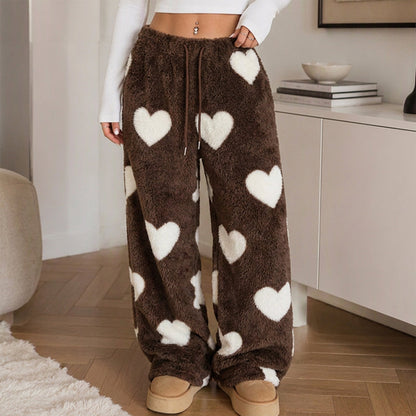 Pants larges en peluche pour femme avec imprimé cœur
