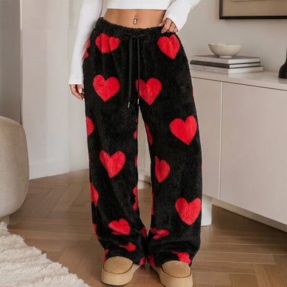 Pants larges en peluche pour femme avec imprimé cœur