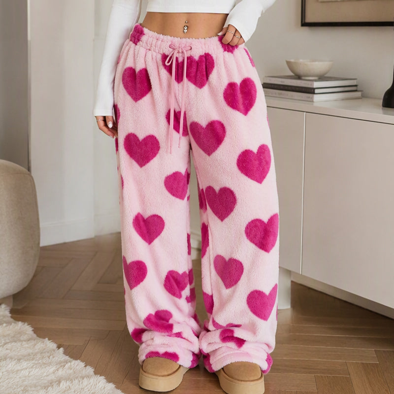 Pants larges en peluche pour femme avec imprimé cœur
