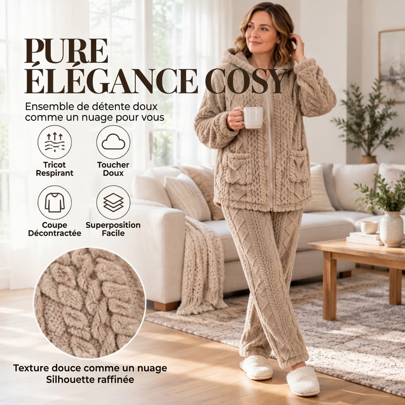 Ensemble veste à capuche en maille torsadée pelucheuse et pantalon pour femmes