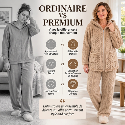 Ensemble veste à capuche en maille torsadée pelucheuse et pantalon pour femmes