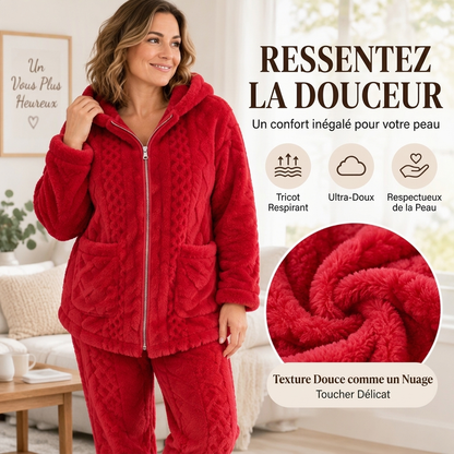 Ensemble veste à capuche en maille torsadée pelucheuse et pantalon pour femmes