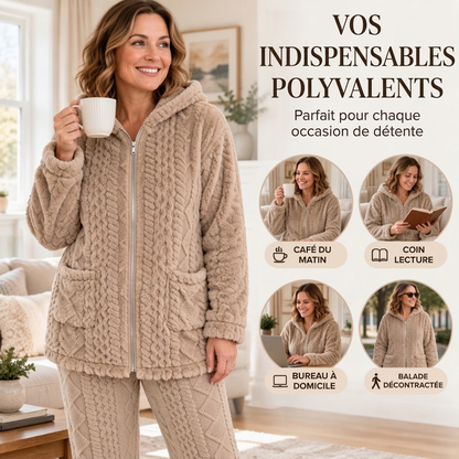 Ensemble veste à capuche en maille torsadée pelucheuse et pantalon pour femmes