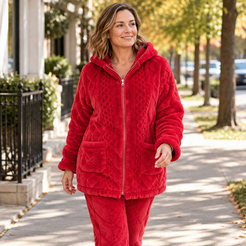 Ensemble veste à capuche en maille torsadée pelucheuse et pantalon pour femmes