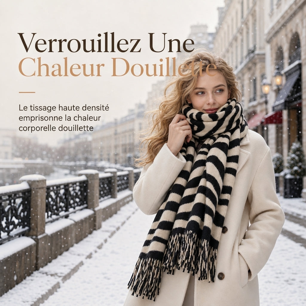 Foulard en fausse cachemire à imprimé zébré pour femmes, châle et écharpe d'hiver épais et chauds avec pompons