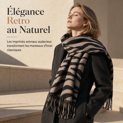 Foulard en fausse cachemire à imprimé zébré pour femmes, châle et écharpe d'hiver épais et chauds avec pompons