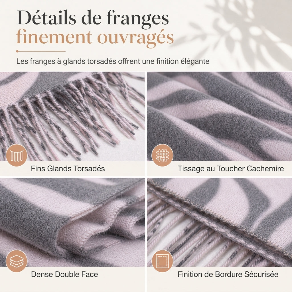 Foulard en fausse cachemire à imprimé zébré pour femmes, châle et écharpe d'hiver épais et chauds avec pompons