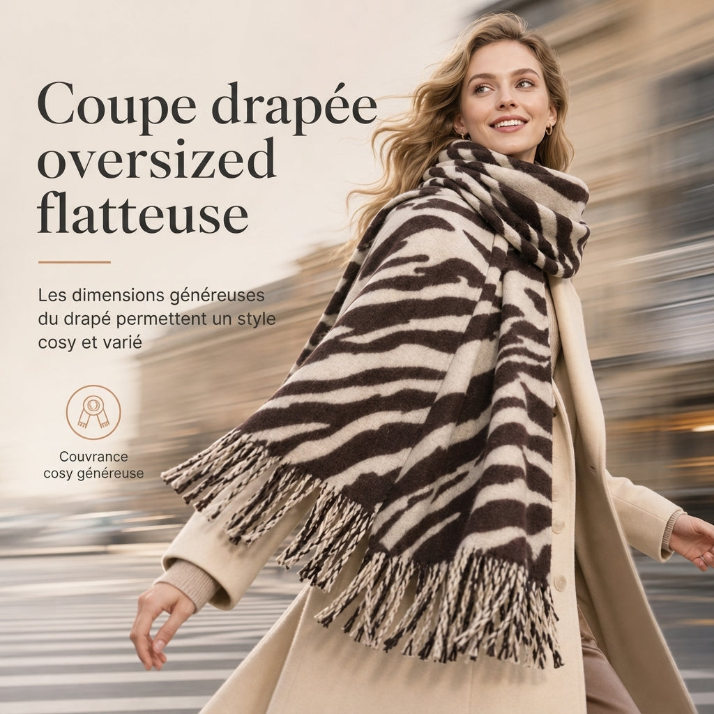 Foulard en fausse cachemire à imprimé zébré pour femmes, châle et écharpe d'hiver épais et chauds avec pompons