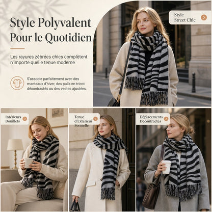 Foulard en fausse cachemire à imprimé zébré pour femmes, châle et écharpe d'hiver épais et chauds avec pompons