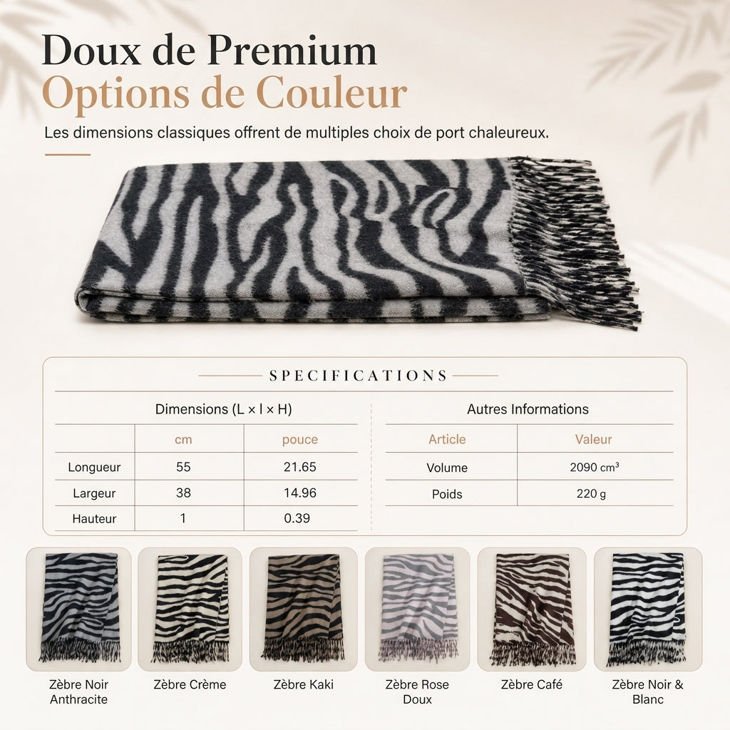 Foulard en fausse cachemire à imprimé zébré pour femmes, châle et écharpe d'hiver épais et chauds avec pompons