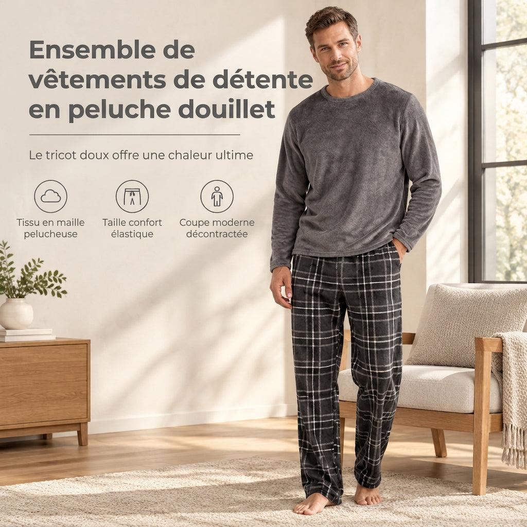 Ensemble Pyjama en Maille Douce et Moelleuse pour Homme, Haut Col Rond Uni et Pantalon à Carreaux