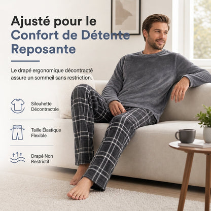 Ensemble Pyjama en Maille Douce et Moelleuse pour Homme, Haut Col Rond Uni et Pantalon à Carreaux