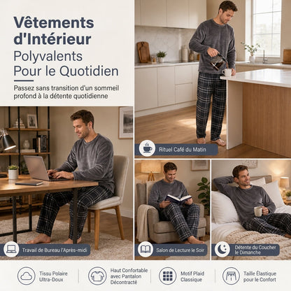 Ensemble Pyjama en Maille Douce et Moelleuse pour Homme, Haut Col Rond Uni et Pantalon à Carreaux