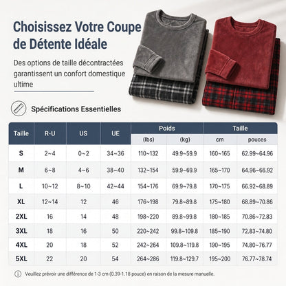 Ensemble Pyjama en Maille Douce et Moelleuse pour Homme, Haut Col Rond Uni et Pantalon à Carreaux