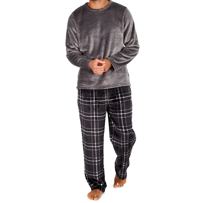 Ensemble Pyjama en Maille Douce et Moelleuse pour Homme, Haut Col Rond Uni et Pantalon à Carreaux