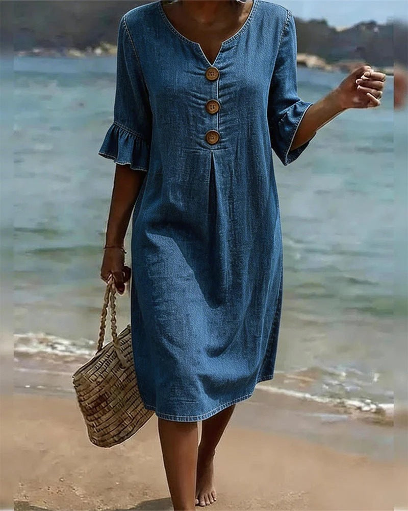 🔥Robe midi unie à manches volantées pour femme✈️